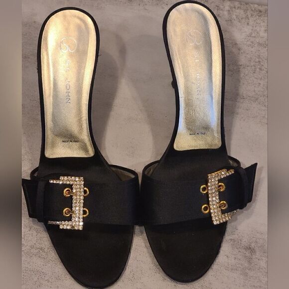 St. John Odessa Satin Mules, Crystal Buckle Black & Gold Heels | 8B - Picture 6 of 14